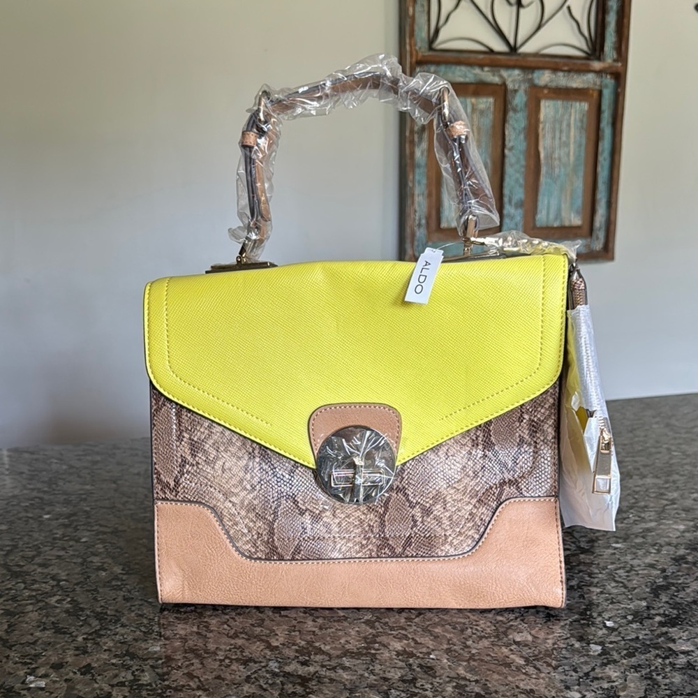 Aldo Yellow and Tan Satchel with Snake Print NWT